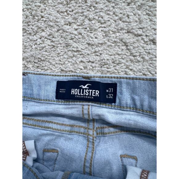 Hollister Jeans Mens 31x32 Light Wash Blue Denim Distressed Slim Straight Flex - Picture 6 of 10